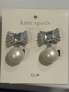 kate spade le soir Silver Crystal Bow Clip-On Earrings with White Pearl Drops